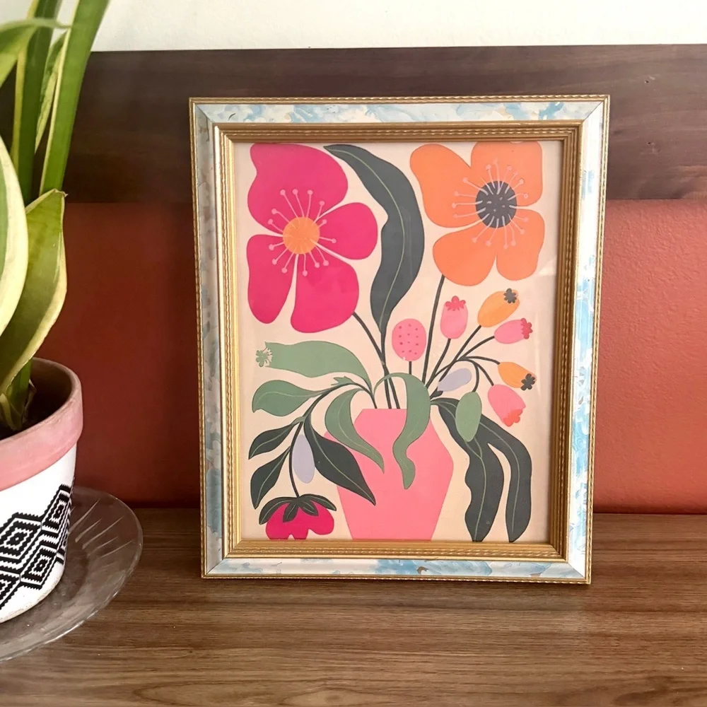 Retro Floral Colorful Flowers in Vase Canvas Art Print Blue Gold Framed Wall Art